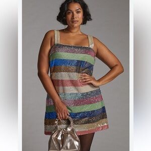 NWT Anthropologie Sequin Shimmer Striped Mini Dress, Size 12